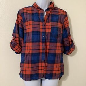 Jack's Girlfriend Blue Orange Plaid Flannel Cotton Country Button Up Shirt Small